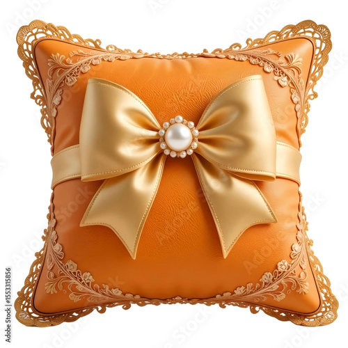 Luxurious Orange Pillow Adorned With An Intricate Gold Lace Trim, Featuring Satin Bow With Pearl And bead Center, Exuding Elegance And Opulence.eps