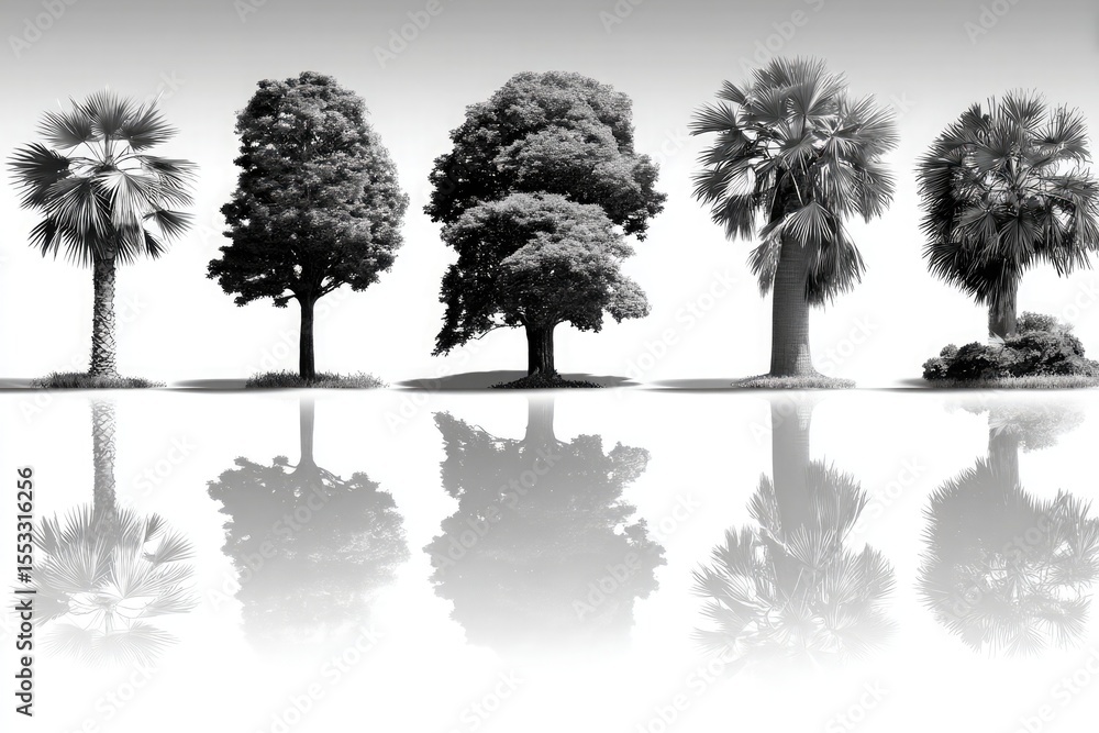 Fototapeta premium Different types of tropical trees and their reflections on the water