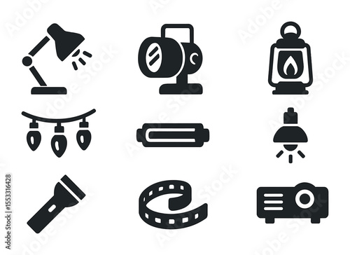 Lighting Icons Collection. Solid, filled icons set of artificial lighting sources: desk lamp, spotlight,