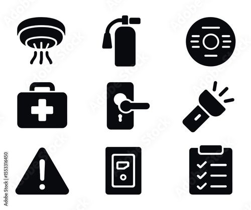 Home Safety Icons. Solid, filled icons set of home safety check: smoke detector, fire extinguisher, carbon