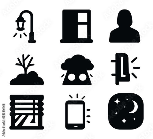 Moody Night Icon Set. Solid, filled icons set of moody night scenes: streetlamp, glowing window, shadowy
