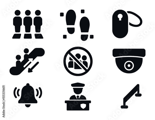 Mall Safety Icons. Solid, filled icons set of mall and store crowd safety: shopping queue, floor markers,
