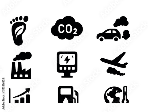Carbon Footprint Icons. Solid, filled icons set of carbon footprint: footprint with leaf, CO2 cloud, car