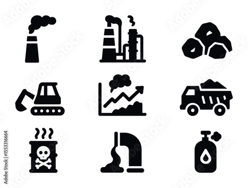 Industrial Pollution Icons. Solid, filled icons set of industrial pollution sources: smoke stack, oil refinery