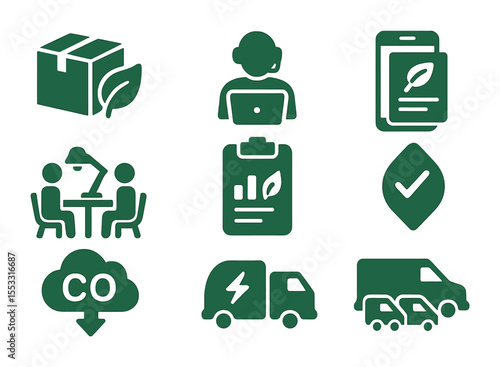 Green Business Icons. Solid, filled icons set of green business practices: eco packaging, telecommute icon,