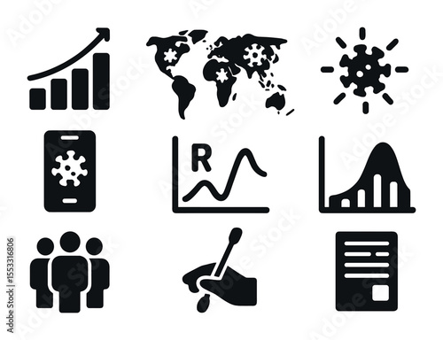 Epidemiology Icons Grid. Solid, filled icons set of epidemiological data study: bar graph, world map with