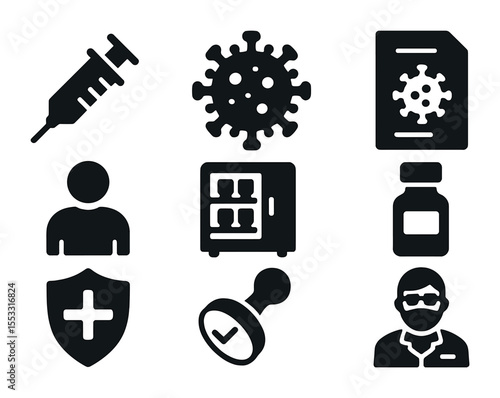 Vaccine Development Icons. Solid, filled icons set of vaccine development process: syringe, virus icon, trial