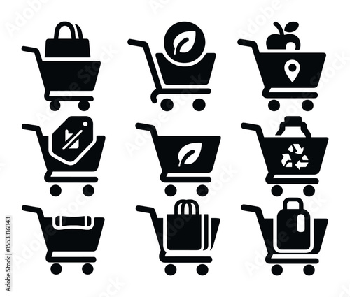 Sustainable Shopping Icons. Solid, filled icons set of sustainable shopping carts: reusable bag in cart,