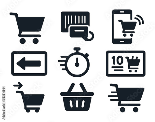 Express Checkout Icons. Solid, filled icons set of express checkout carts: small cart icon, quick scan label,