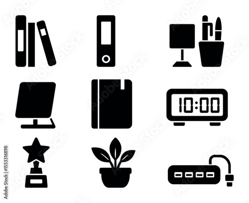 Modern Office Icon Set. Solid, filled icons set of modern office shelf setup: reference books, storage binder,