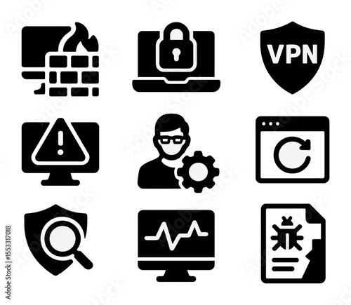 Small Business IT Security Icons. Solid, filled icons set of small business IT security: desktop firewall,