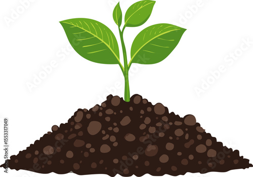 Stylized sprout emerging from fertile soil rendered in smooth flat colors against empty white backdrop ideal for sustainability presentations advertisements or environmental infographics