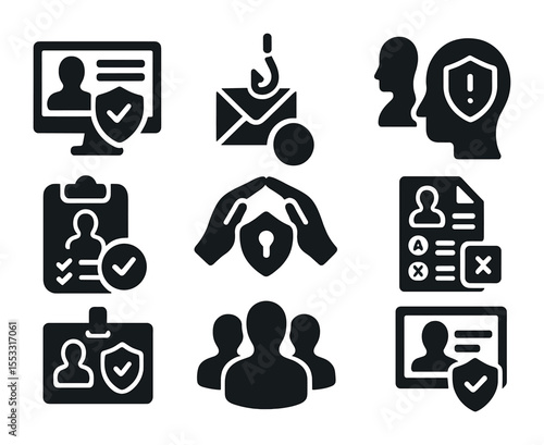 Employee Cybersecurity Icons. Solid, filled icons set of employee cybersecurity training: training module,