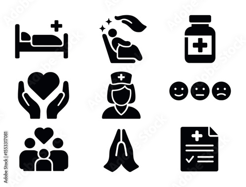Palliative Care Icons. Solid, filled icons set of palliative care: hospice bed, comfort care icon, medication