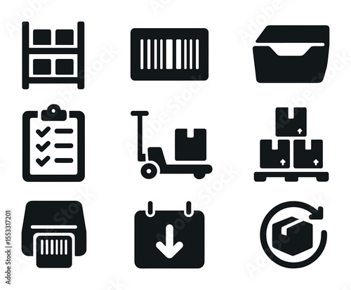 Stockroom Icon Set. Solid, filled icons set of stockroom organization: shelving unit, barcode label, storage