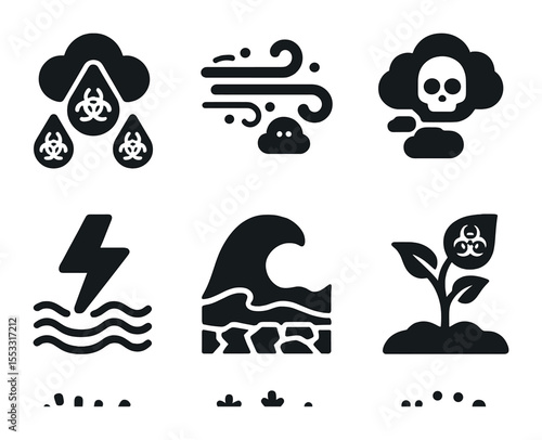 Weather Threat Icons. Solid, filled icons set of weather and environmental threats: acid rain cloud, sandstorm