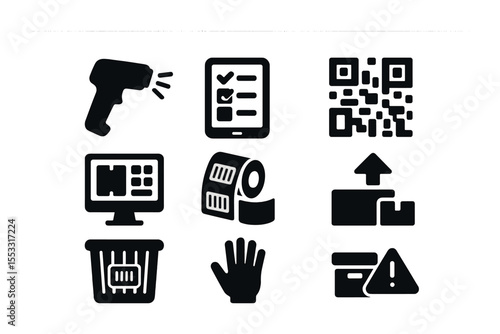 Inventory Tool Icons. Solid, filled icons set of inventory tracking tools: barcode scanner, tablet with