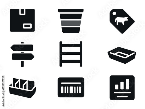 Organized Storage Icons. Solid, filled icons set of categorized storage: labeled box, color-coded bin, product