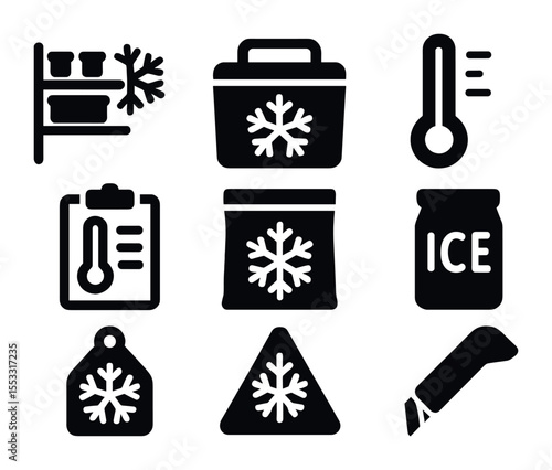 Cold Storage Icons. Solid, filled icons set of cold storage organization: freezer shelf, insulated box,
