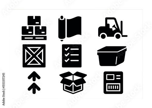 Bulk Inventory Icons. Solid, filled icons set of bulk inventory handling: stacked pallets, stretch wrap,