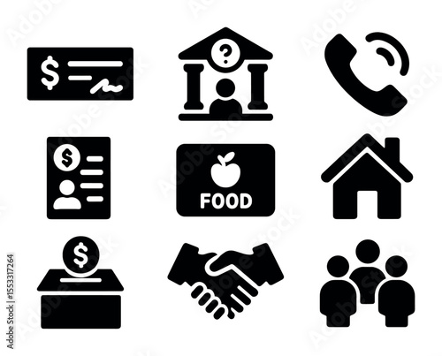 Unemployment Support Icons. Solid, filled icons set of unemployment support: unemployment check, help center