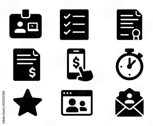 Freelance Economy Icons. Solid, filled icons set of freelance and gig economy: freelancer ID, project list,
