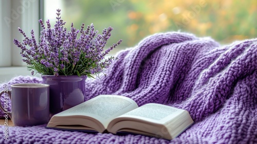 Cozy Reading Nook with Book, Flowers, and Warm Blanket at Home