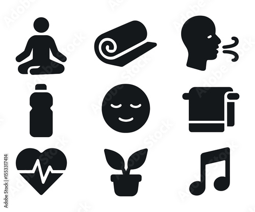 Mindfulness Icons Grid. Solid, filled icons set of a person practicing mindfulness and relaxation after a