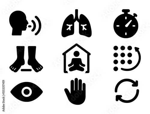 Breathing Exercise Icons. Solid, filled icons set of breathing and grounding exercises: inhale/exhale symbol,