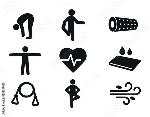 Stretching and Cooling Icons. Solid, filled icons set of cool-down and stretching moments: forward fold pose,