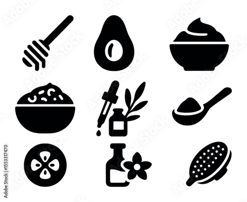 Self-Care Icons Grid. Solid, filled icons set of self-care rituals with natural ingredients: honey dipper,