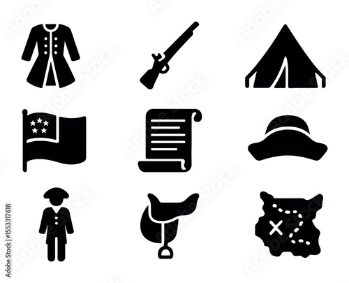 Historical Reenactment Icons. Solid, filled icons set of historical reenactments of past eras: period costume,