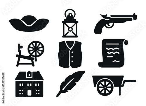 Colonial Era Icons. Solid, filled icons set of colonial era reenactments: tricorn hat, lantern, flintlock