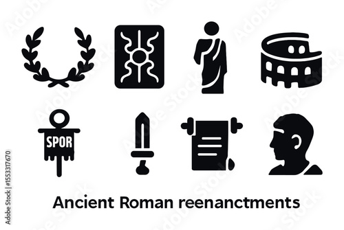 Roman Reenactment Icons. Solid, filled icons set of ancient Roman reenactments: laurel wreath, Roman shield,