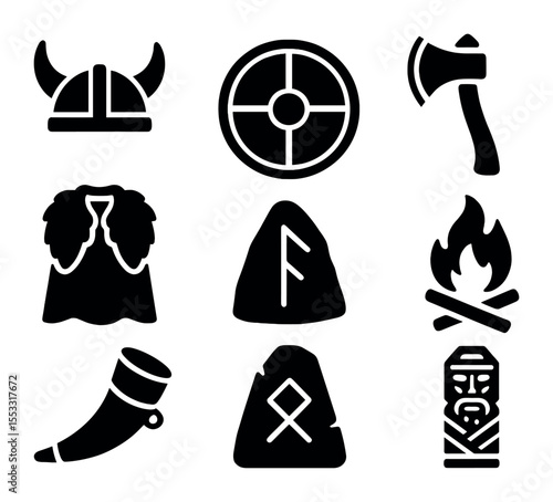 Viking Icons Collection. Solid, filled icons set of Viking age reenactments: horned helmet, round shield,
