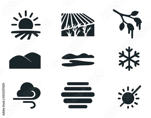 Winter Sunrise Icons. Solid, filled icons set of winter sunrise minimalism: glowing sun, frosted field, icy