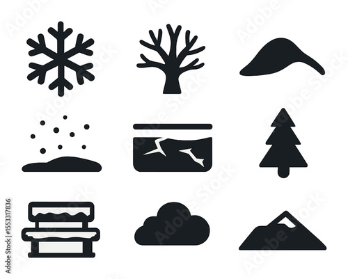 Minimal Winter Icons. Solid, filled icons set of minimal winter backgrounds: snowflake, bare tree, icy hill,
