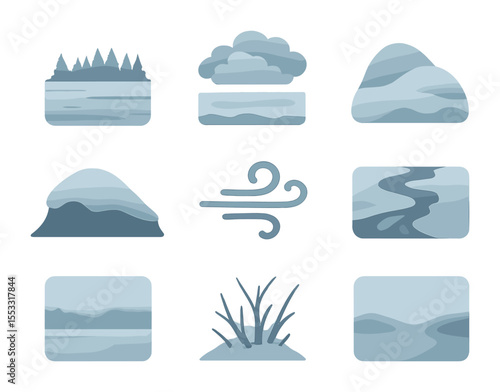 Winter Icons Set. Solid, filled icons set of muted winter landscapes: frozen ground, distant woods, cloudy sky