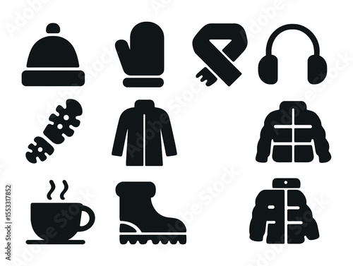 Cold Weather Icons. Solid, filled icons set of cold weather essentials in minimal style: knit cap, mitten