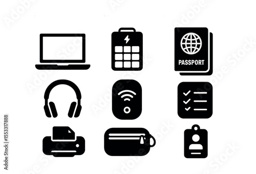 Digital Nomad Essentials. Solid, filled icons set of digital nomad gear: laptop, solar power bank, passport,