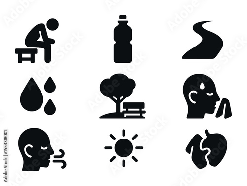 Runner Icons Set. Solid, filled icons set of a person taking a break after running on a trail, hydrating with