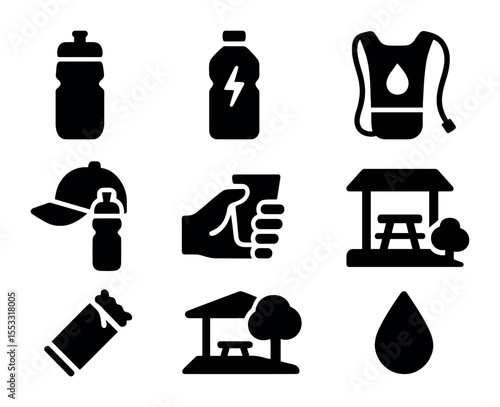 Trail Hydration Essentials Icons. Solid, filled icons set of trail hydration essentials: sports water bottle,