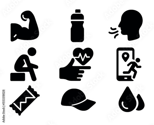 Runner Self-Care Icons. Solid, filled icons set of runner self-care on trails: muscle icon, hydration bottle,