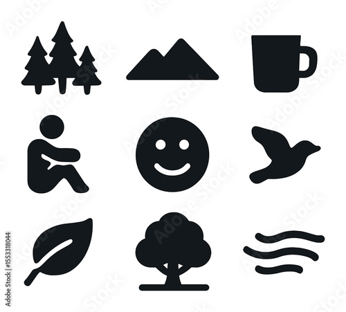 Scenic Trail Icons. Solid, filled icons set of scenic break moments on trail: forest backdrop, mountain line,