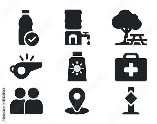 Trail Safety Icons. Solid, filled icons set of trail safety and hydration habits: hydration check, refill