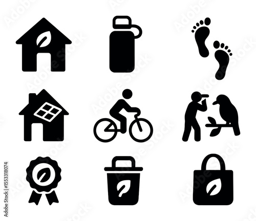 Eco Tourism Icons. Solid, filled icons set of eco tourism / sustainable travel: eco lodge, reusable water