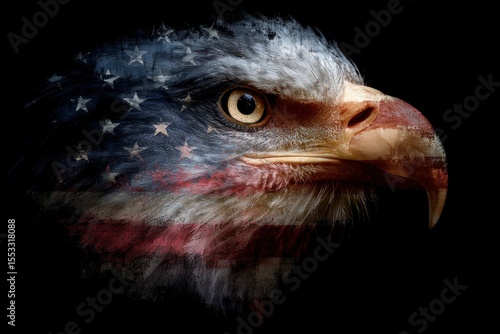 Eagle head overlaid with the USA flag detailed feathers golden eye dark background patriotic theme