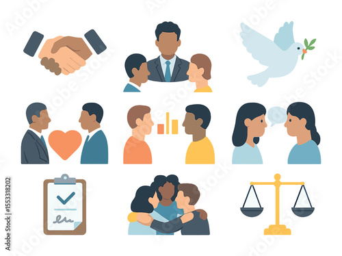 Conflict Resolution Icons. Flat icon set of conflict resolution in diverse teams: handshake resolution,