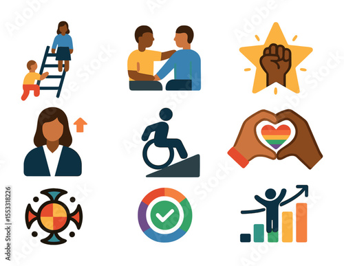 Empowerment Icon Set. Flat icon set of empowering underrepresented groups: leadership ladder, mentorship icon,