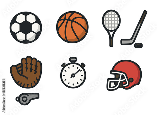 Sports Equipment Icons. Flat icon set of general sports equipment: soccer ball, basketball, tennis racket,